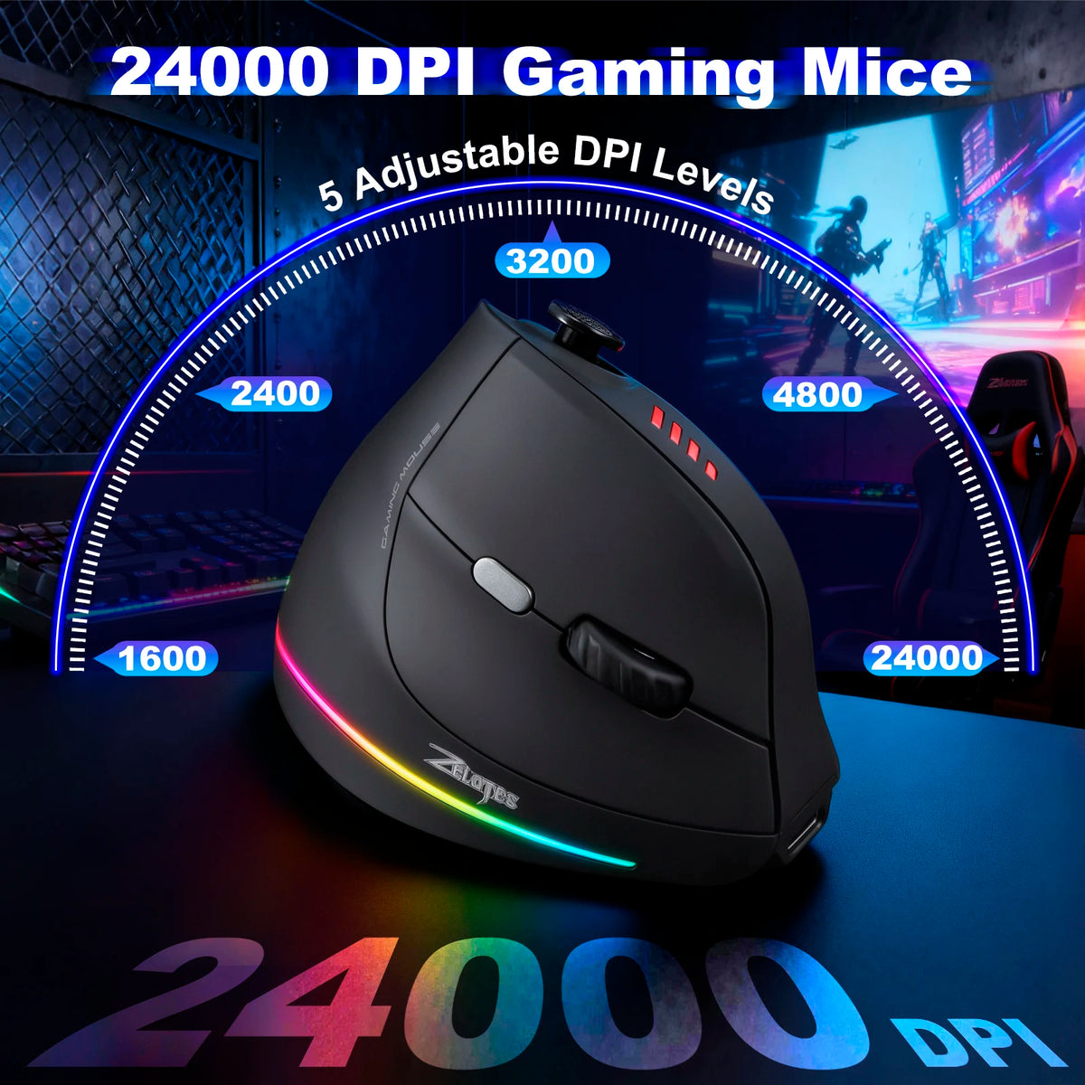ZELOTES F18 Vertical Ergonomic Mouse 2.4G Wireless Mouse Bluetooth 24000DPI with Programming Gaming Mouse for PC Computer Laptop