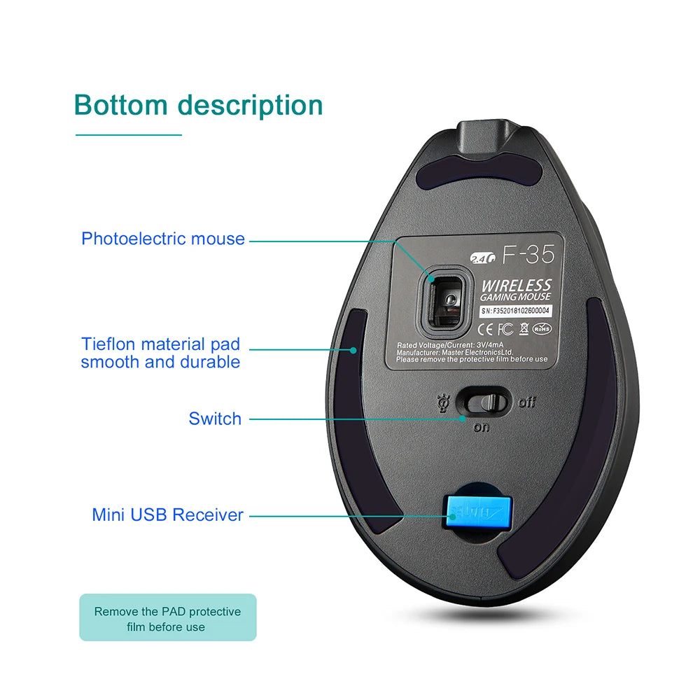 Lefon F35 Wireless Mouse Vertical Rechargeable Ergonomic Mouse 2400 DPI Optical Gaming Mice for Gamer Computer Laptop PC Mac IOS