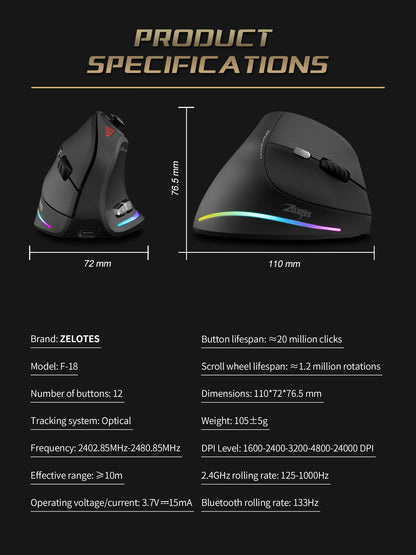 ZELOTES F18 Vertical Ergonomic Mouse 2.4G Wireless Mouse Bluetooth 24000DPI with Programming Gaming Mouse for PC Computer Laptop