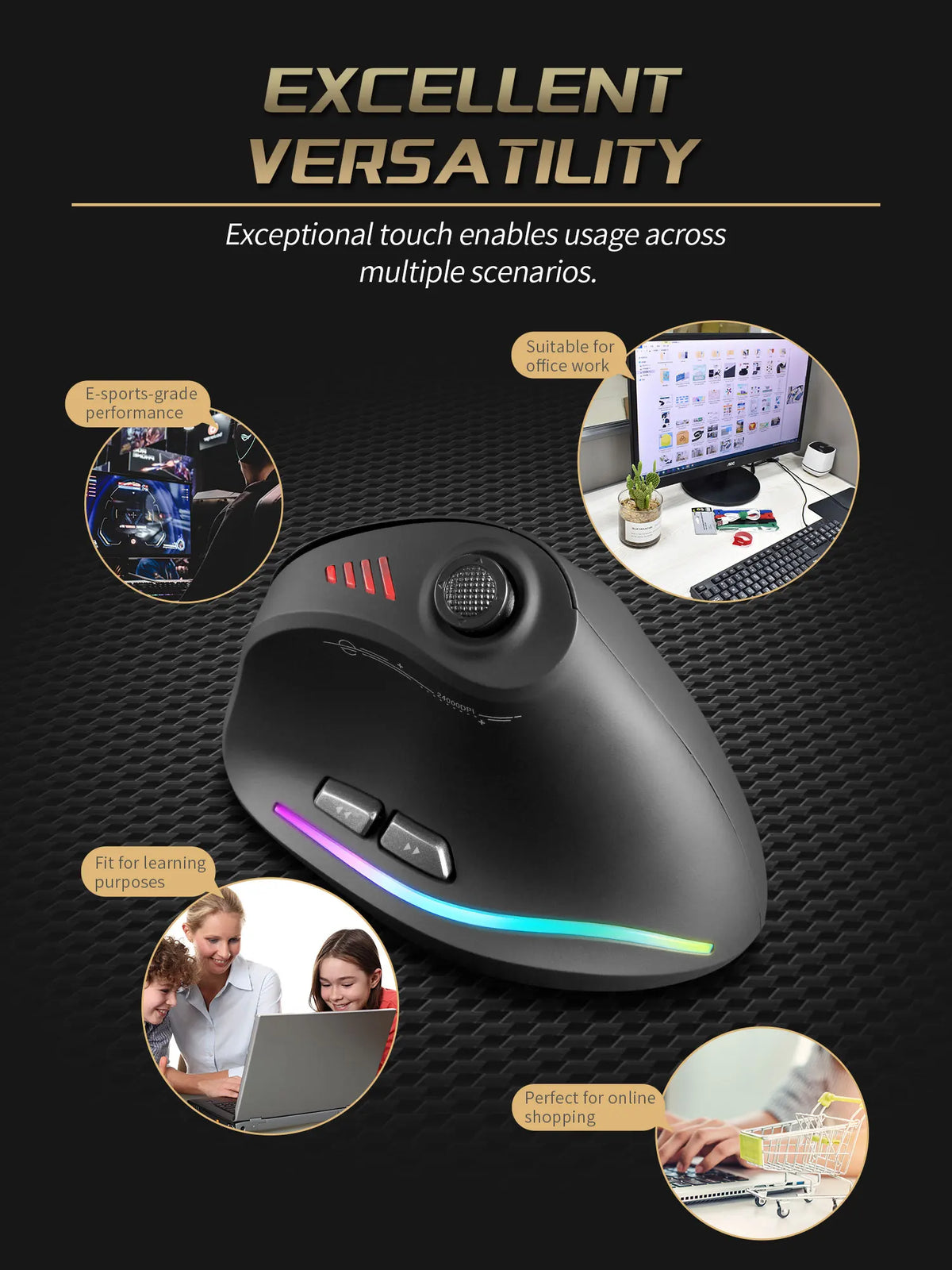 ZELOTES F18 Vertical Ergonomic Mouse 2.4G Wireless Mouse Bluetooth 24000DPI with Programming Gaming Mouse for PC Computer Laptop